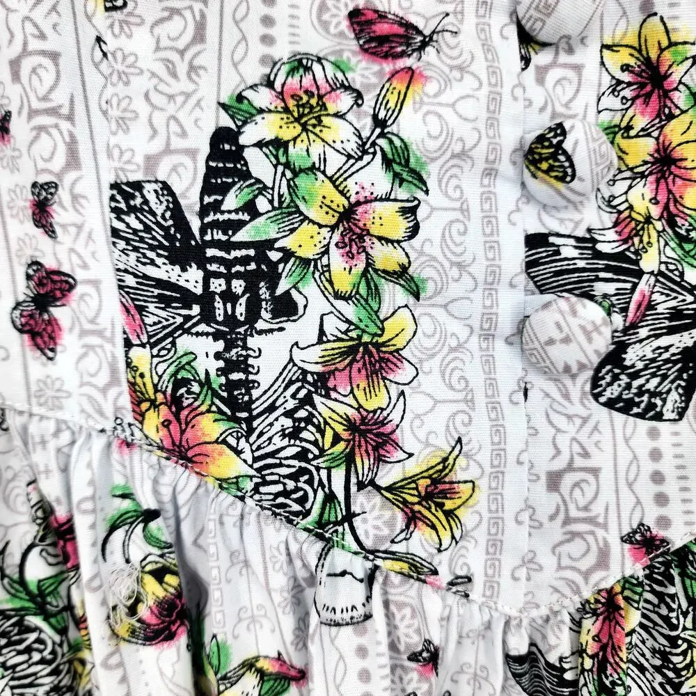 Hell Bunny Elaine White Skeleton Floral Mix Print Basque Waist Mini Dress Size M